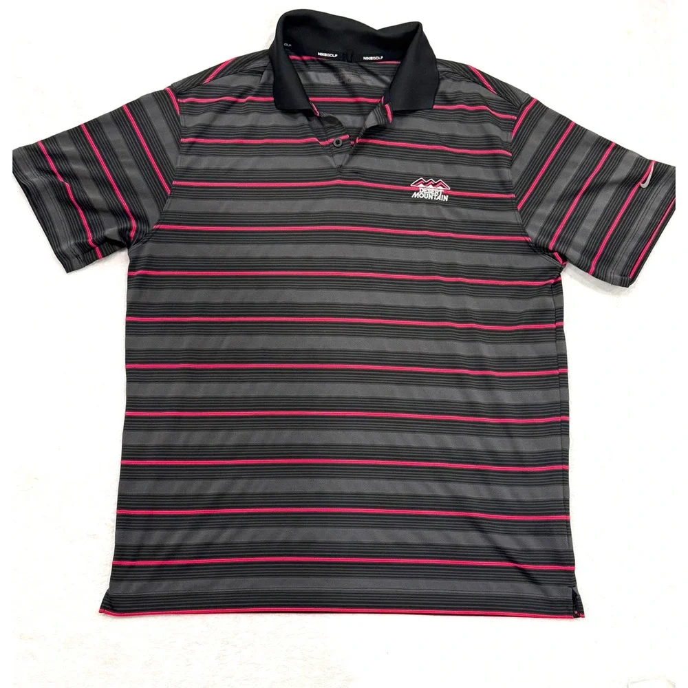 Nike‎ Golf Dri-FIT Polo Shirt Mens Large Black Pink Striped Desert Mountain Tour